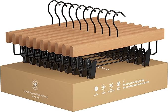 StorageWorks Pants Hangers with Clips, Wooden Clothes Hanger for Skirts, Jeans, Shorts, 10 Pack Black Pant Hangers