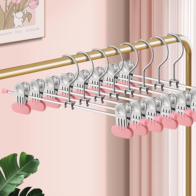 14Inch Pants Hangers with Wide Clips 30 Pack Adjustable Skirt Hangers for Women Non-Slip Clothes Hanger for Pants Heavy Duty Space Saving Trousers Hanger for Jeans,Shorts Pink