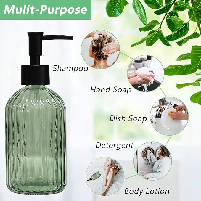 Striped Hand Soap Dispenser, 13.5oz Green Glass Soap Dispenser with Black Plastic Pump, Elegant Refillable Countertop Hand Liquid Dispenser for Kitchen, Bathroom, Dish Soap, Lotion (2 Pack)