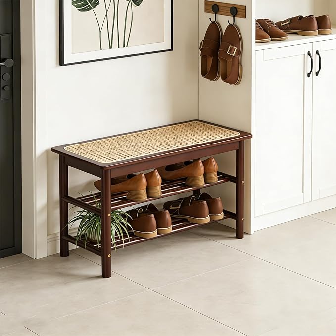 latifolia Shoe Rack Bench, 3-Tier Bamboo Shoe Bench with Breathable Rattan Seat Cushion, Shoe Storage Rack for Entryway(Walnut,31.50''L)