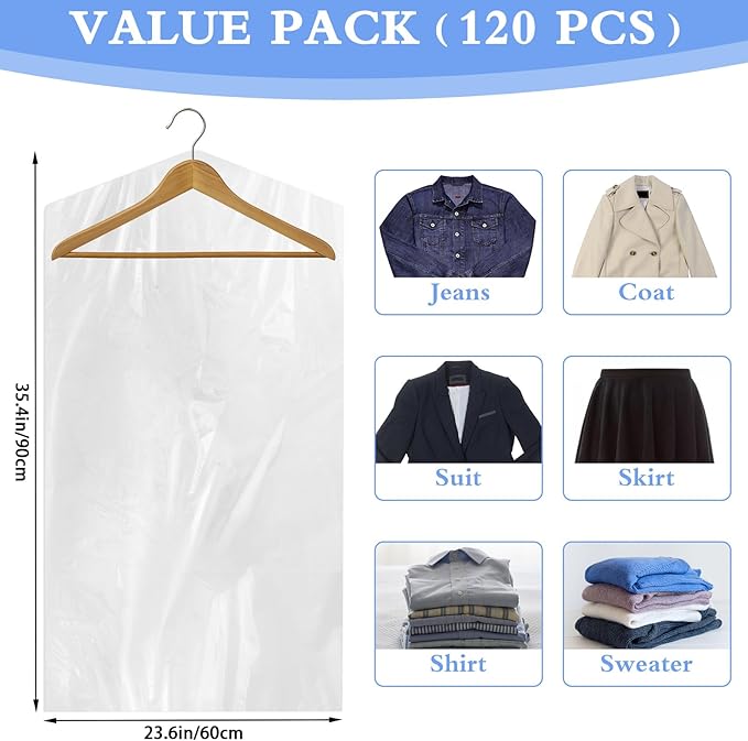 120 Pack Clear Plastic Garment Bags, 35.4 Inch Dry Cleaning Bags for Hanging Clothes, Dry Cleaner Bags Plastic Clear Covers for Home Storage Suit Shirt