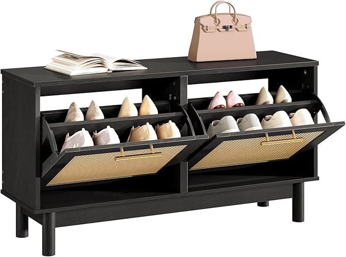 HOOBRO Shoe Storage Bench Entryway, Rattan-Like Shoe Bench with Flip Drawers, Narrow Shoes Rack Cabinet with Rattan Doors, Wooden Organizer for Entryway Hallway, Black BN51HX01