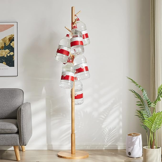 IBUYKE Coat Rack Stand, Freestanding Coat Tree with Solid Round Base and 8 Hooks, Easy Assembly Wooden Coat Hanger, Clothes Rack for Hallway Entryway, Living Room, Bedroom, Natural Color WD-115