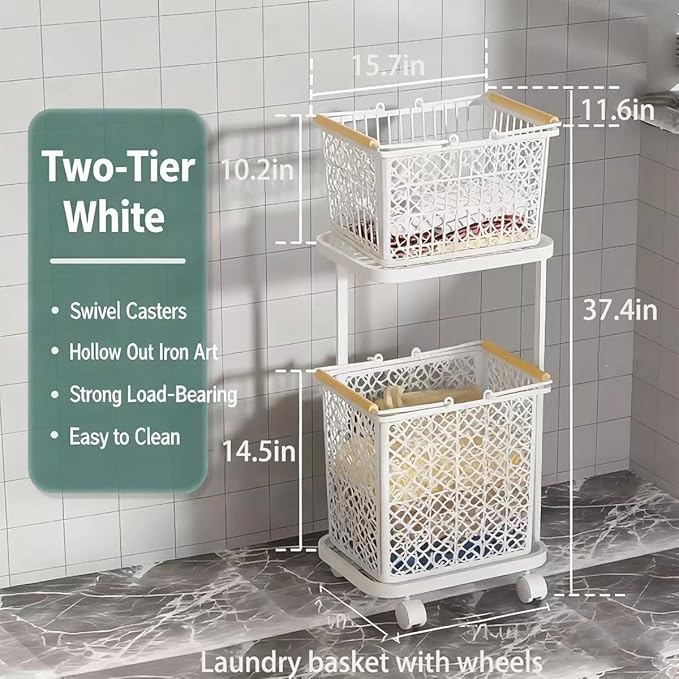 Large Laundry Baskets, Dirty Clothes Hamper with Wheels,Rolling Wire Laundry Basket Organize,2 Removable Wire Storage Metal Clothes Hamper Organizer for Laund Room, Bathroom, Bedroom, Dorm, White