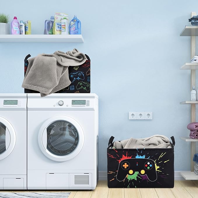2 Pcs Rectangle Gamer Laundry Basket Hamper Foldable Kids Laundry Baskets Boys Hamper Waterproof Game Joystick Storage Basket Clothes Toys Organizer for Boys Bedroom Easter Gifts