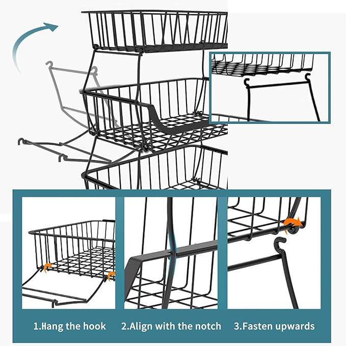 Metal Wire Baskets with Wheels, Stackable Storage Bins Kitchen Organizer Shelf 3-4-5-6 Tier Fruit Vegetable Cart Dishes Seasonal Rack Shelves for Garage, Pantry, Bathroom