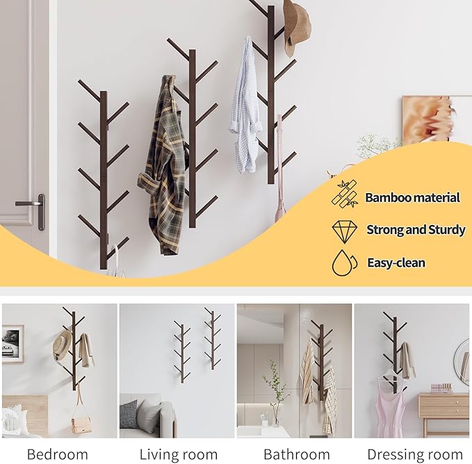 Coat Rack Wall Mount,Bamboo Vertical Hat Rack for Wall,Wall Coat Tree,Coat Hanger,Floating Coat Rack for Hats,Jackets,Bags,Entryway Bedroom (Brown)