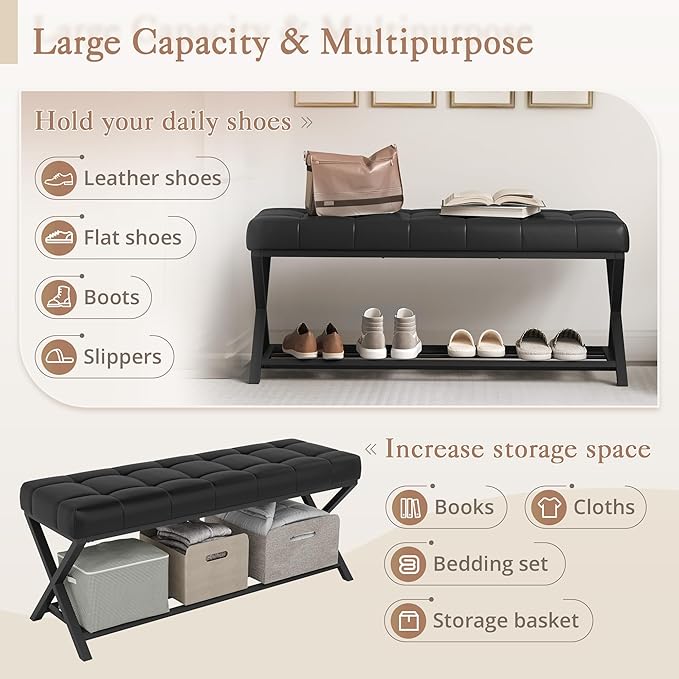 LUE BONA 44.5” End of Bed Bench with Shelf, Linen Tufted Upholstered Storage Shoe Bench, Modern Bedroom Bench with Metal Legs for Living Room, Entryway, Dining Room, 300 LB, Black