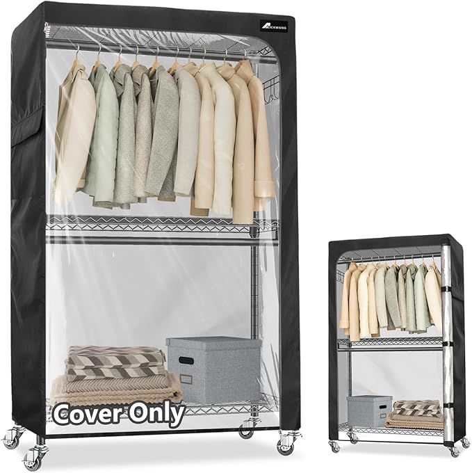 Garment Rack Cover,Heavy Duty 600D Durable Dustproof Waterproof Clothing Rack Covers with Zipper,47.2"W x 17.7"D x 80.7"H Clear Front Clothes Rack Covers (Cover Only)