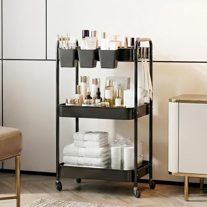 JAQ Makeup Carts, 3-Tier Metal Rolling Utility Storage Organizer Cart Shelf with Wheels for Craft Office Supplies Diapper Snack in Bathroom Kitchen Laundry Classroom Dorm -(3-Tier,Black