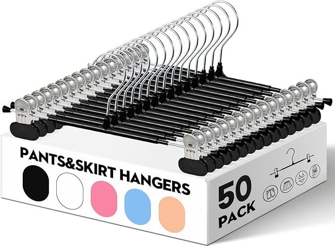 HUADYMEET 50 Pack 14Inch Pants Hangers with Wide Clips,Metal Trouser Hanger for Jeans.Space Saving Skirt Hangers Heavy Duty Non-Slip Adjustable Clothes Shorts Hanger for Women,Men,Black
