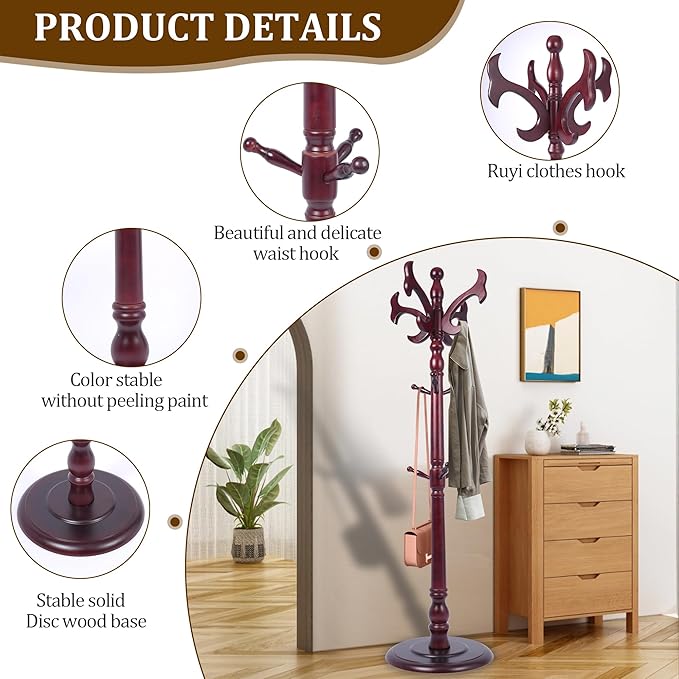 Free Standing Coat Rack with 14 Hooks, Vintage Wooden Coat Tree, Adjustable Height 73 Inches, Retro Coat Stand for Entryway, Living Room, Office & Bedroom (Mahogany) (fishtail, 1 PCS)