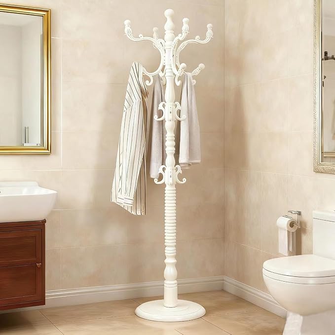 73" Wooden Freestanding Coat Rack，Easy to Adjust, Easy to Assemble for Children, Youth,Coat Rack Stand With Adults，18 Hooks and Round Solid Wood Base for Entrance Hallway Office (Retro White, 1 PCS)