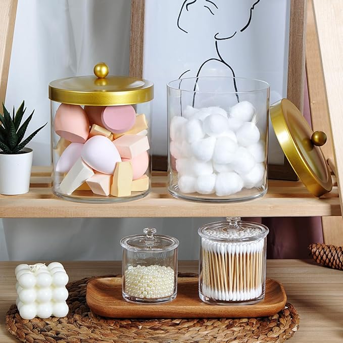 SheeChung 4 Pack 50 Ounce Large Clear Apothecary Jar with Gold Rust-Proof Lid - Shatterproof Plastic Storage Canister - Modern Luxury Bathroom Vanity & Laundry Room Organizer for Pods, Bath Salts