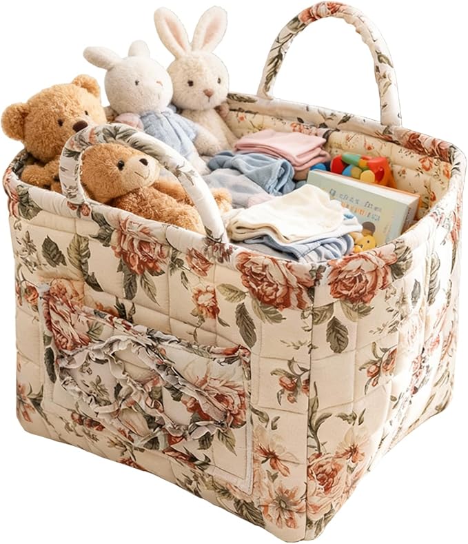 Mo&Cy Fabric Storage Basket with Handle – Collapsible Quilted Boho Floral Organizer for Laundry Room Organization,Clothes Basket,Toy Organizers and Storage,Diaper Caddy Basket(Rustic Rose)