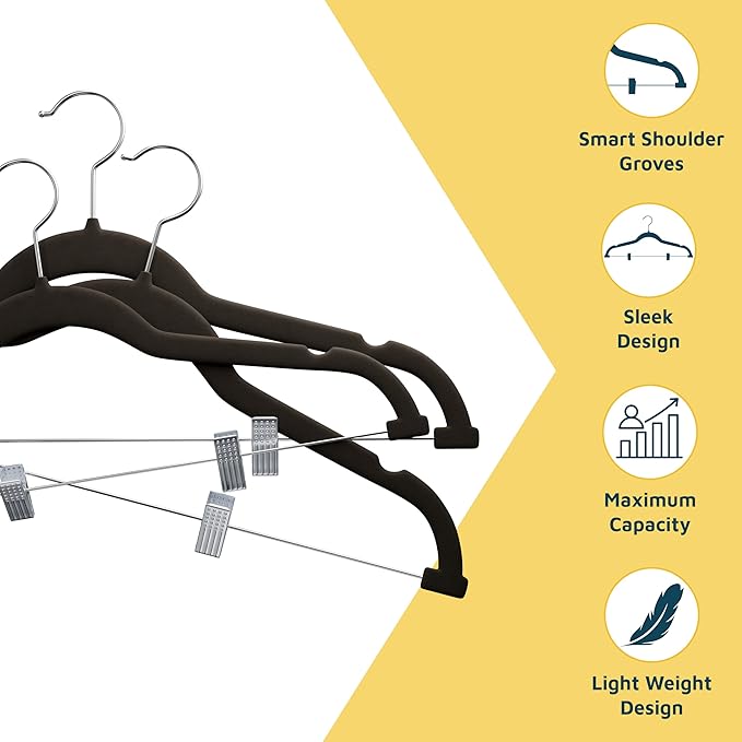 Lifemaster Velvet Skirt Hangers – with Adjustable Clips, 360 Degree Swivel Hook, and Non-Slip Shoulder Notch, Holds Up to 10 lbs, for Organizing Skirt, Pants, Dress, and Clothes, Pack of 10, Brown