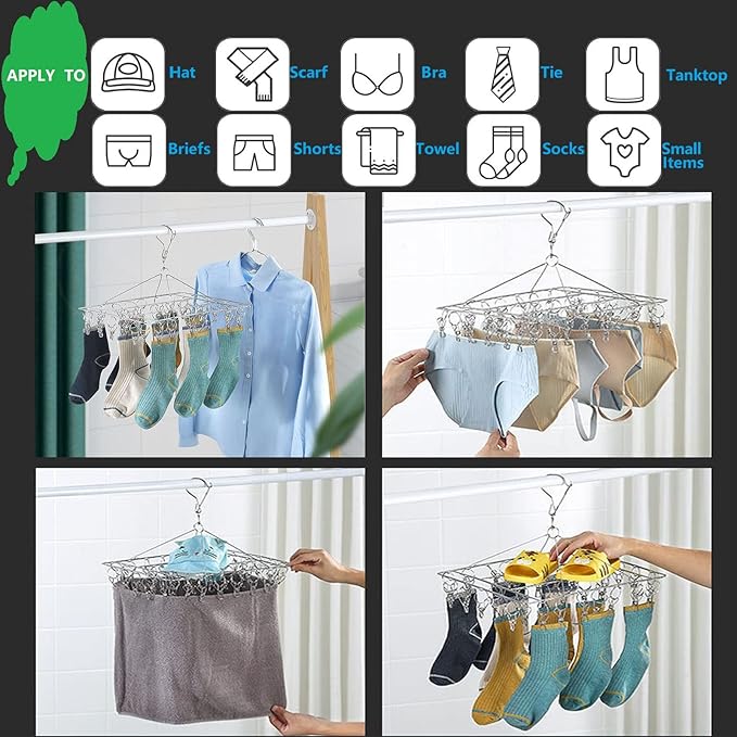 Clothes Sock Drying Rack with 36 Clips, Stainless Steel Underwear Dryer Swivel Laundry Hanger with Windproof Hook for Hanging Towels Bras Gloves Baby Clothes Indoor Outdoor