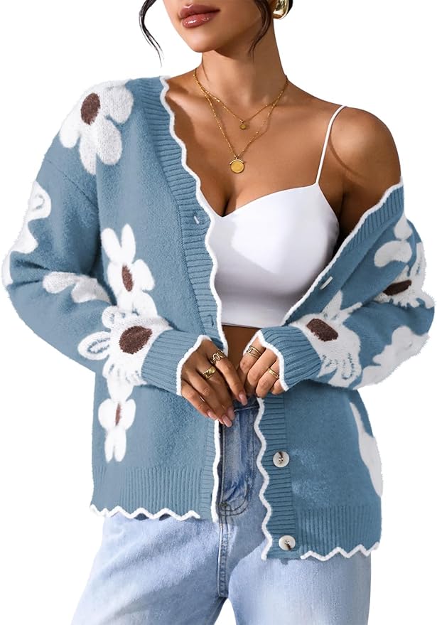 Pink Queen Fuzzy Sweater Cardigan for Women 2025 Fashion Long Sleeve Flower Outerwear Button Down Open Front Cardigan Coat
