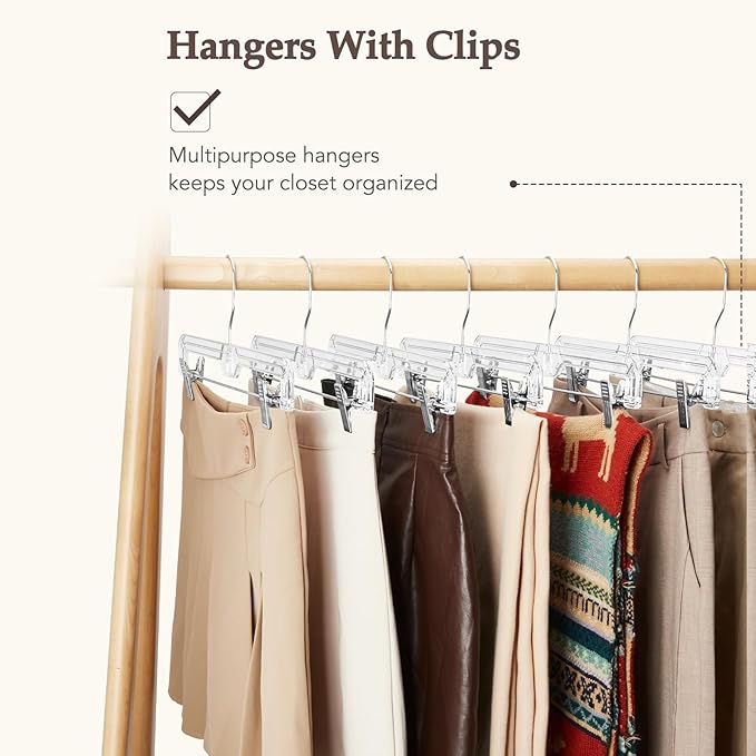 HOUSE DAY Clear Pants Hangers with Clips 25 Pack, Non-Slip Skirt Hangers for Women, Upgraded Heavy Duty Plastic Clip Hanger for Pants, Trousers, Jeans, 14" Short Hanger, 360-Rotating Swivel Hook