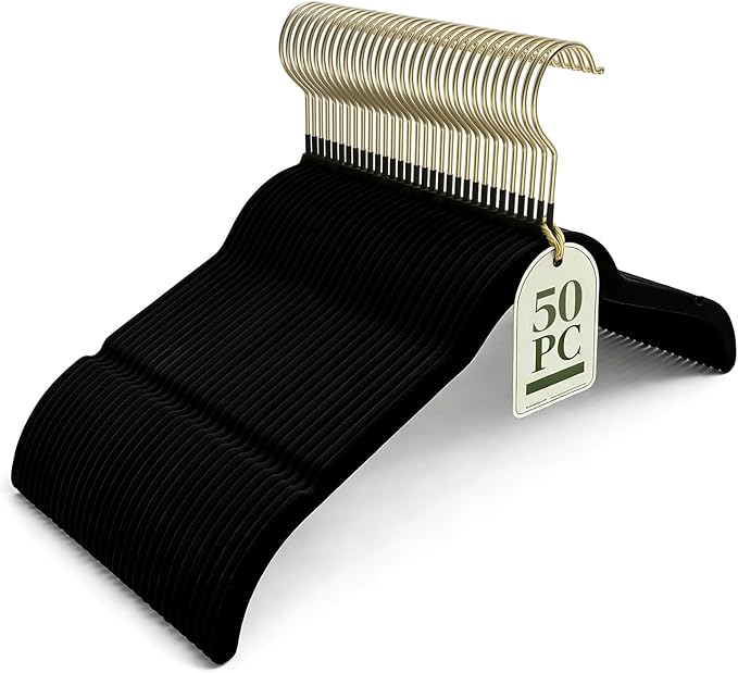 Korpai 50 Pack Black Velvet Hangers, Non Slip,Durable,Slim Hangers Space Saving,Felt Hangers with Gold 360°Swivel Hook for Coats,Strappy Dresses,Shirts,Sweater ect