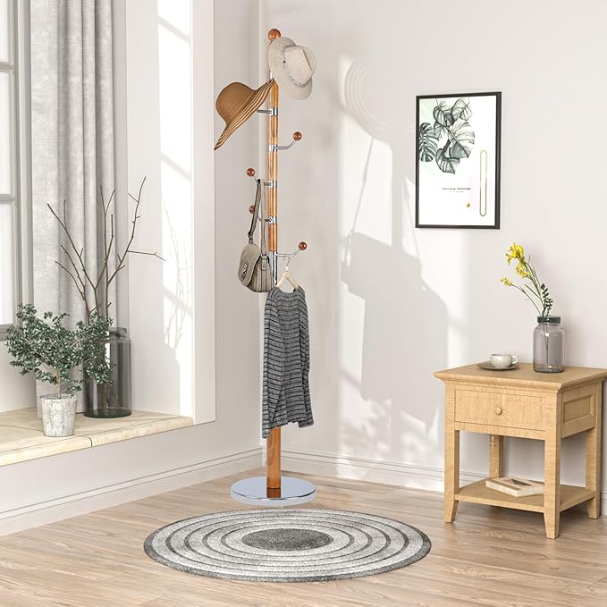 Wooden Coat rack freestanding, Coat racks stand with 6 Hook, Heavy duty coat tree standing Adjustable Heights for Bedroom, Entryway, Hallway, Office, Metal base (Nature)
