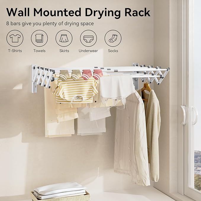 APEXCHASER Wall Mounted Clothes Drying Rack Laundry Drying Rack Retractable, Towel Racks Wall Mounted for Bathroom Balcony Laundry Room Indoor, Foldable Accordion Dryer Rack for Clothing, White