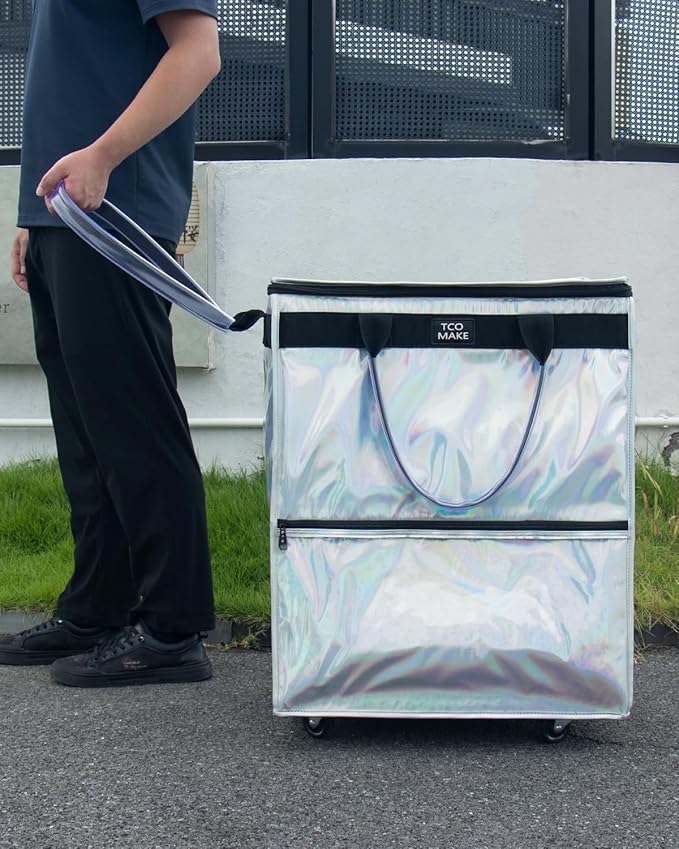 (Large, Phantom White) Reusable Grocery Bag on Wheels, Shopping Bags with Wheels and Handle, Folding Rolling Tote, Zipper Cover, Carries Up to 76 LBS, for Laundry, Picnic