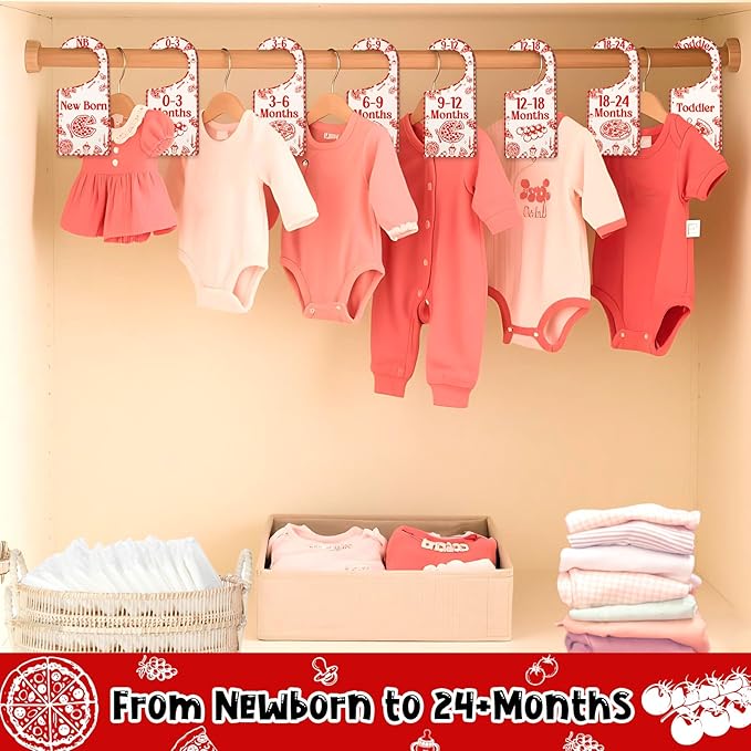 Baby Closet Dividers 8PCS, Red Italian Themed Wooden Double-Sided Clothes Size Hanger/Organizer from Newborn to Toddler for Nursery Decor Baby Shower Birthday Gender Reveal Party Gift