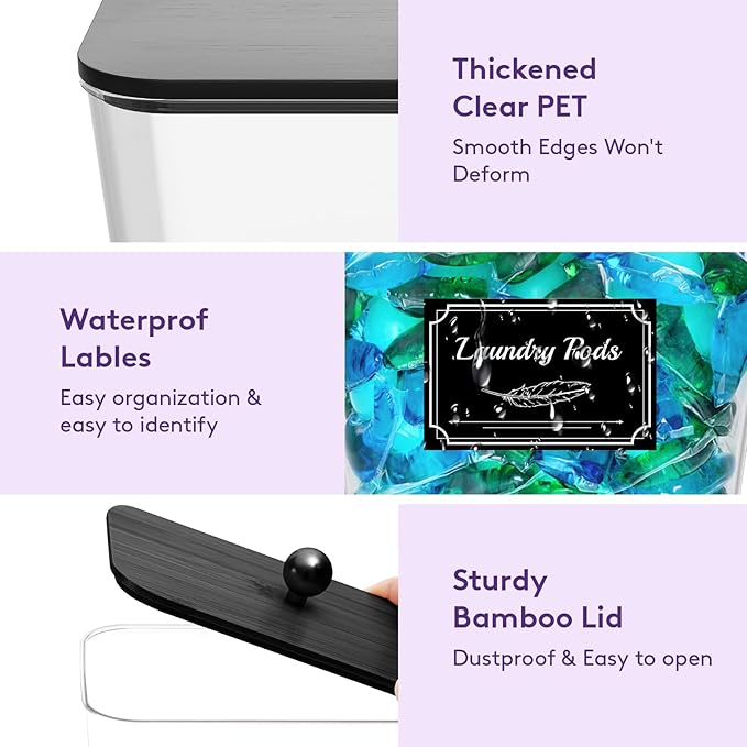 Lifewit 3 Pcs Laundry Pods Container with Bamboo Lid, Dryer Sheet Holder, Laundry Room Organization for Washing Powder, Scent Booster Beads, 2600 +2000ml/0.53+0.7gal