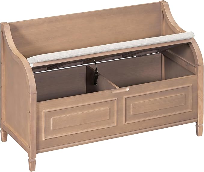 42" Rustic Multifunctional Storage Bench Entryway Bench with Safety Hinge, Removable Seat Cushion and Hidden Storage Space, Home Collection for Hallway Entryway Living Room Mudroom (Brown)
