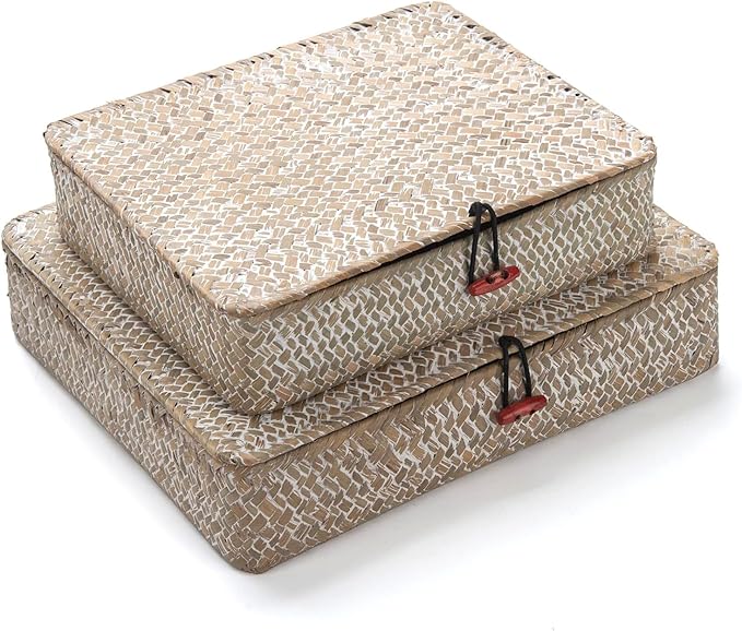 Seagrass Storage Baskets with Lid, Flat Wicker Basket, Shallow Woven Basket for Shelf, Decorative Storage Boxes for Organizing, Whitewash