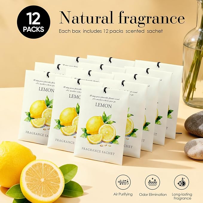 Lemon Scented Sachet Bags - 12 Pack Closet & Drawer Freshener, Long Lasting Odor Eliminator for Wardrobes, Cars & Storage, Home Fragrance Air Freshener Sachets