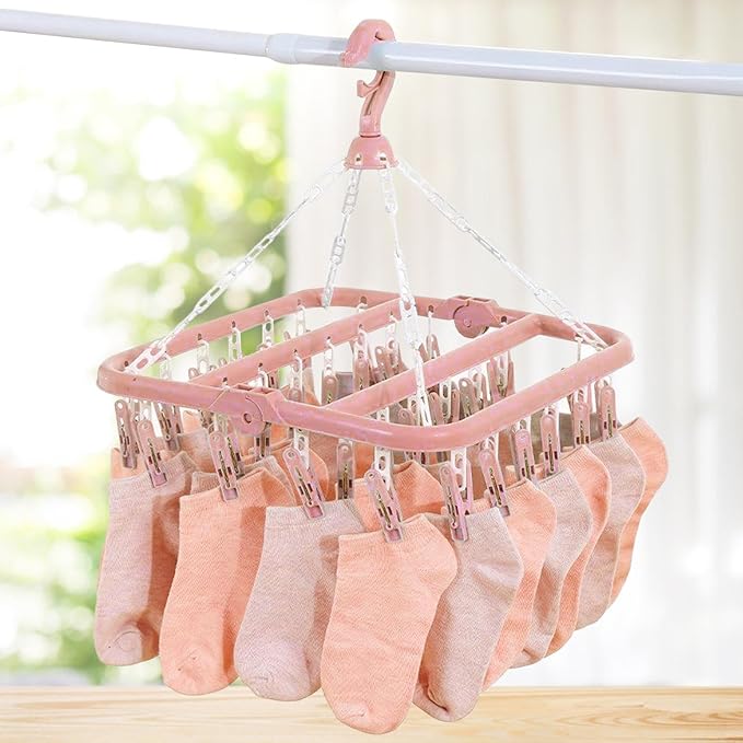 Foldable Clothes Drying Hanger with 32 Clips, Clip and Drip Hangers Clothes Drying Rack, Underwear Hangers for Drying, Laundry Clothes Hanger for Drying Socks Lingerie Baby Clothes Towels Bras Hat