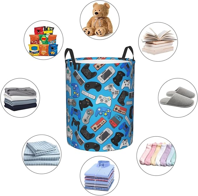 Video Game Controller Background Round Laundry Hamper Gaming Theme Game Joysticks Storage Basket Toys Clothes Organizer Bin For Home Bathroom Bedroom Dorm Nursery, 38l