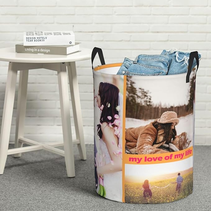 Custom Laundry Basket,Personalized Laundry Hamper With Photo Name,Customized Dirty Clothes Storage With Handle,Collapsible Waterproof Storage Basket For Bathroom Living Room Bedroom