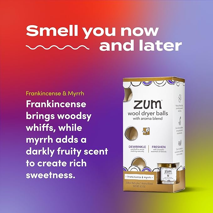 Zum Indigo Wild Laundry Dryer Balls Kit - Wool Laundry Balls for The Dryer - Essential Oil Spray - Reusable Drying Balls for Laundry - Frankincense & Myrrh - (3 Dryer Balls, 1 Aroma Blend)