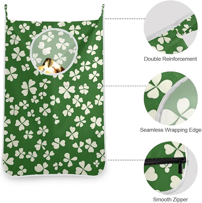 St. Patrick's Day Clovers Green Door Hanging Laundry Hamper Bag with Free Adjustable Stainless Steel Hooks Dirty Clothes Hamper Extra Large Over the Door Laundry Hamper 29.5X20inch 2Pack