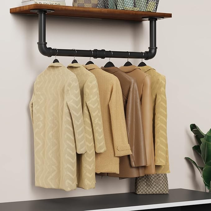 Wall Mounted Clothes Rack 24in, Industrial Pipe Wall Mount Clothing Rack, Heavy Duty Iron Garment Racks, Space Saver Multi-purpose Hanging Rod for Laundry Room, Closet Storage, 1 Pack