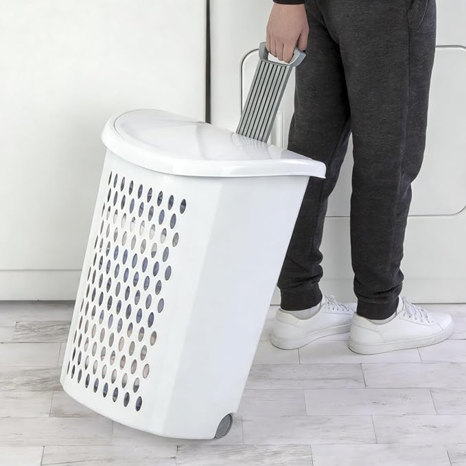 Plastic Laundry Basket, Clothes Hamper with Lid & Wheels, Dirty Clothes Hamper with Handle for Laundry room, Bathroom, Dormitory, White