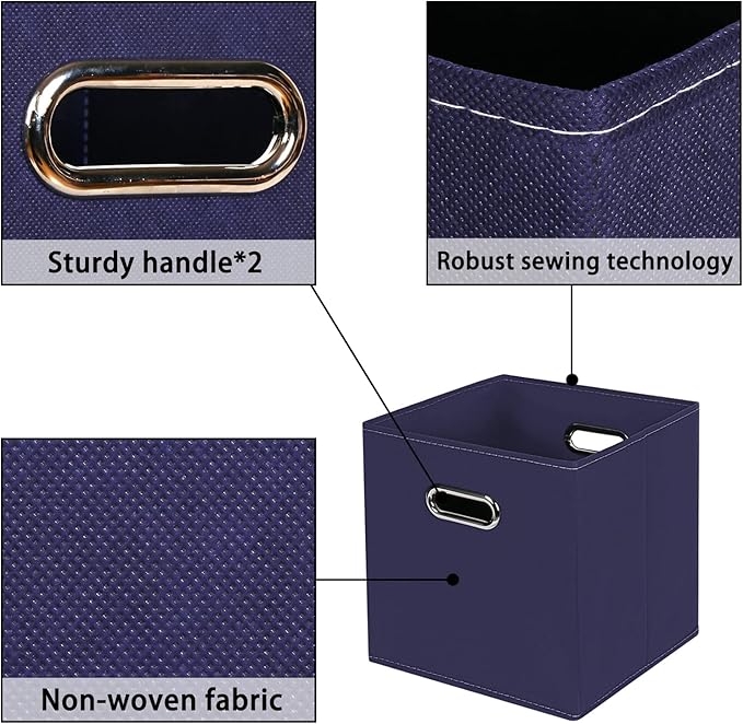 Navy Blue Fabric Storage Bins, Set of 3, 11x11x11, Foldable Cube Bins for Cloth or Accessory Storage