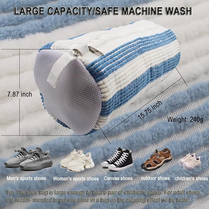 Shoe Washing Machine Bag,Blue and white stripes Mesh Shoe Washing Bag for Washing Machine - Large Size Fits various Shoes, Chenille Fabric Protection, Zipper Laundry Bag for Sneakers (2 Pcs)