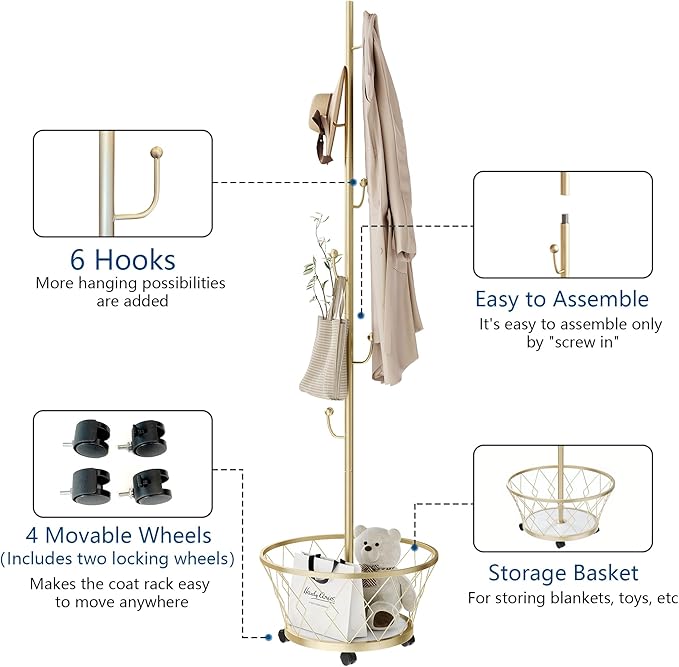 Champagne Gold Cactus shaped Coat Rack Hanger Freestanding, Metal Clothes Rack with Basket 6 Hooks to Hang Clothes, Hat, Bag for Entryway, Hallway, Bedroom