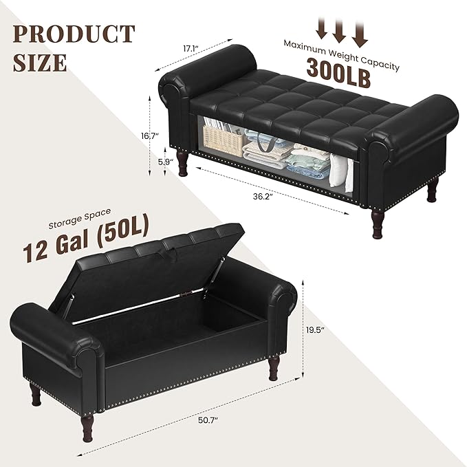 YOUDENOVA 51” Storage Bench with Rolled Arms, Upholstered Bed Bench with Vintage Rivets, PU Leather Bench for Bedroom End of Bed, Living Room, Entryway, Black