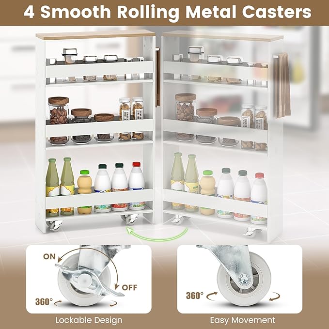 4-Tier Slim Rolling Storage Cart, Wooden Kitchen Utility Cart with Wheels & Handle, Space Saving Trolley, Slide Out Shelving Unit for Narrow Spaces, Laundry, Bathroom (White + Natural)