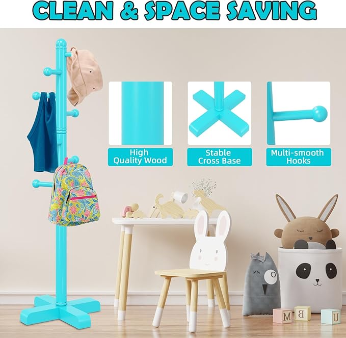 Coat Rack, Freestanding Coat Racks with 8 Hooks 2 Adjustable Height, Tree Coat Rack for Bedroom, Hallway, Entrance, Office, Hats, Handbags,Purse (Blue)