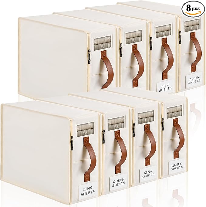 Bed Sheet Organizer 8 Pack, No Insects Entry Bedding Storage Box with Zipper, Label, Handle, Window, Linen Closet Organizers and Storage for Sheet Set, Clothing, Duvet Covers, Toys