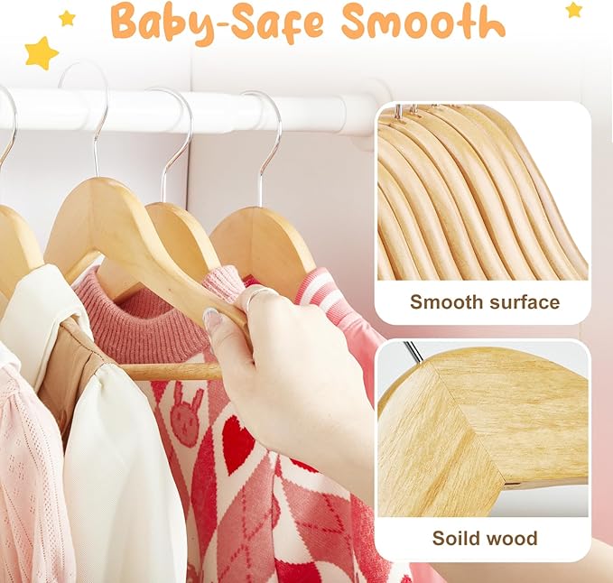 HOUSE DAY Wooden Baby Hangers for Closet 20 Pack, Kids Wooden Hangers for Baby Clothes, Heavy Duty Wood Toddler Coat Hanger with Non Slip Pant Bar, 360° Swivel Hook, Shoulder Notches, Natural