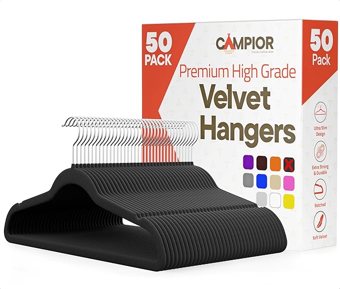 Black Velvet Hangers 50 Pack – 360° Swivel Hook, Non-Slip and Space Saving Hangers, Heavy-Duty 11 lbs Weight Capacity - Smooth Velvet Finish for Crease-Free Clothes and Effortless Closet Organization