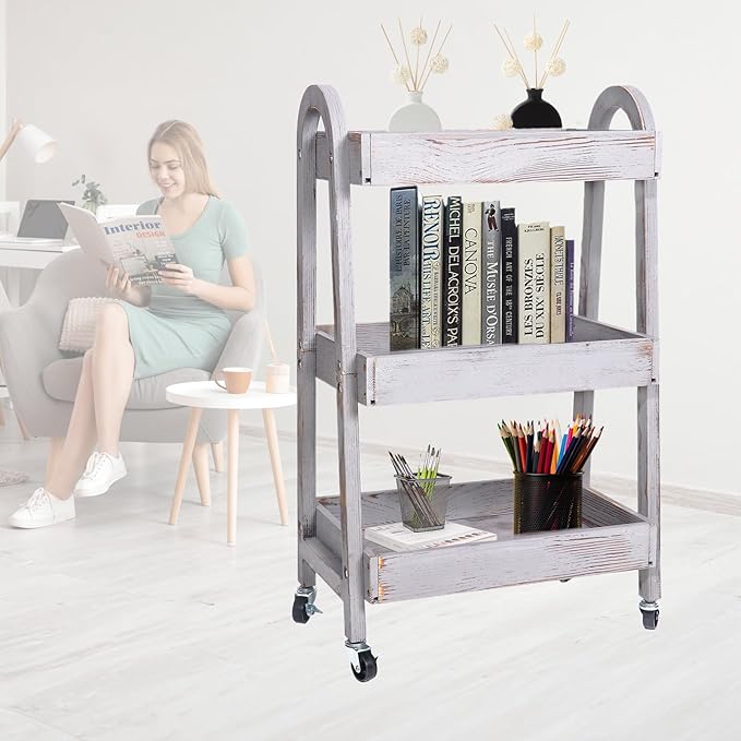 3-Tier Wooden Rolling Cart- Wooden Utility Cart wit Wheels- Utility Rolling Cart-Storage Trolley Organizer- Rolling Kitchen Serving Cart for Office,Kitchen, Kids' Room (Retro Grey)