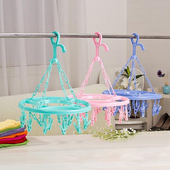Round Plastic 18 Clips Underwear Scarf Laundry Clothes Drying Hanger Green